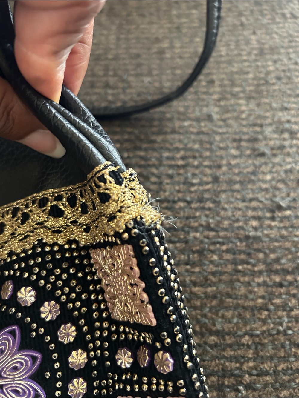 Black Vintage faux leather Embellished Pouch bag with Purple Floral accents. - Picture 11 of 11